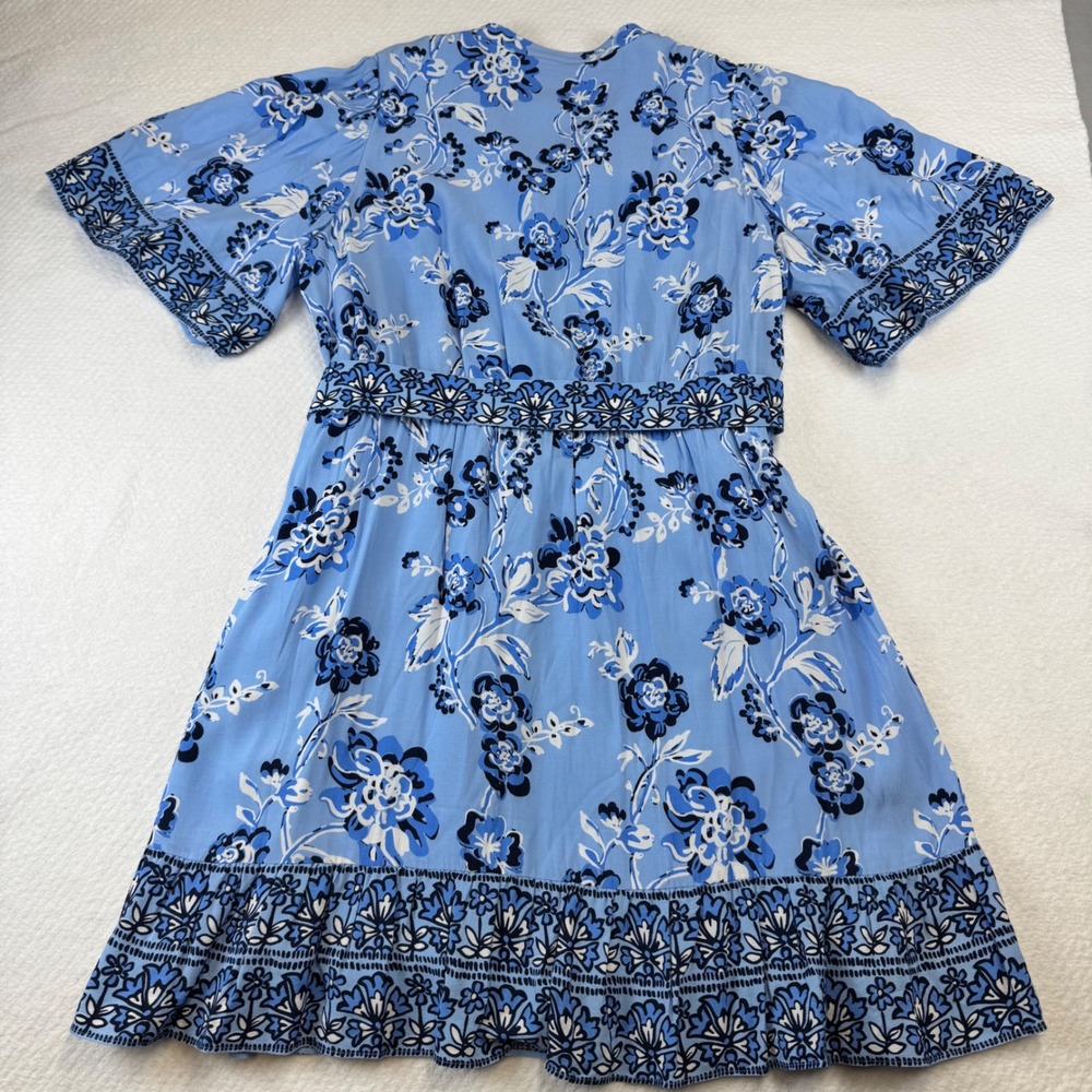 STS Blue Floral Midi Dress Button Front Flutter Sleeve Wood Buckle Belt XL - Picture 10 of 10